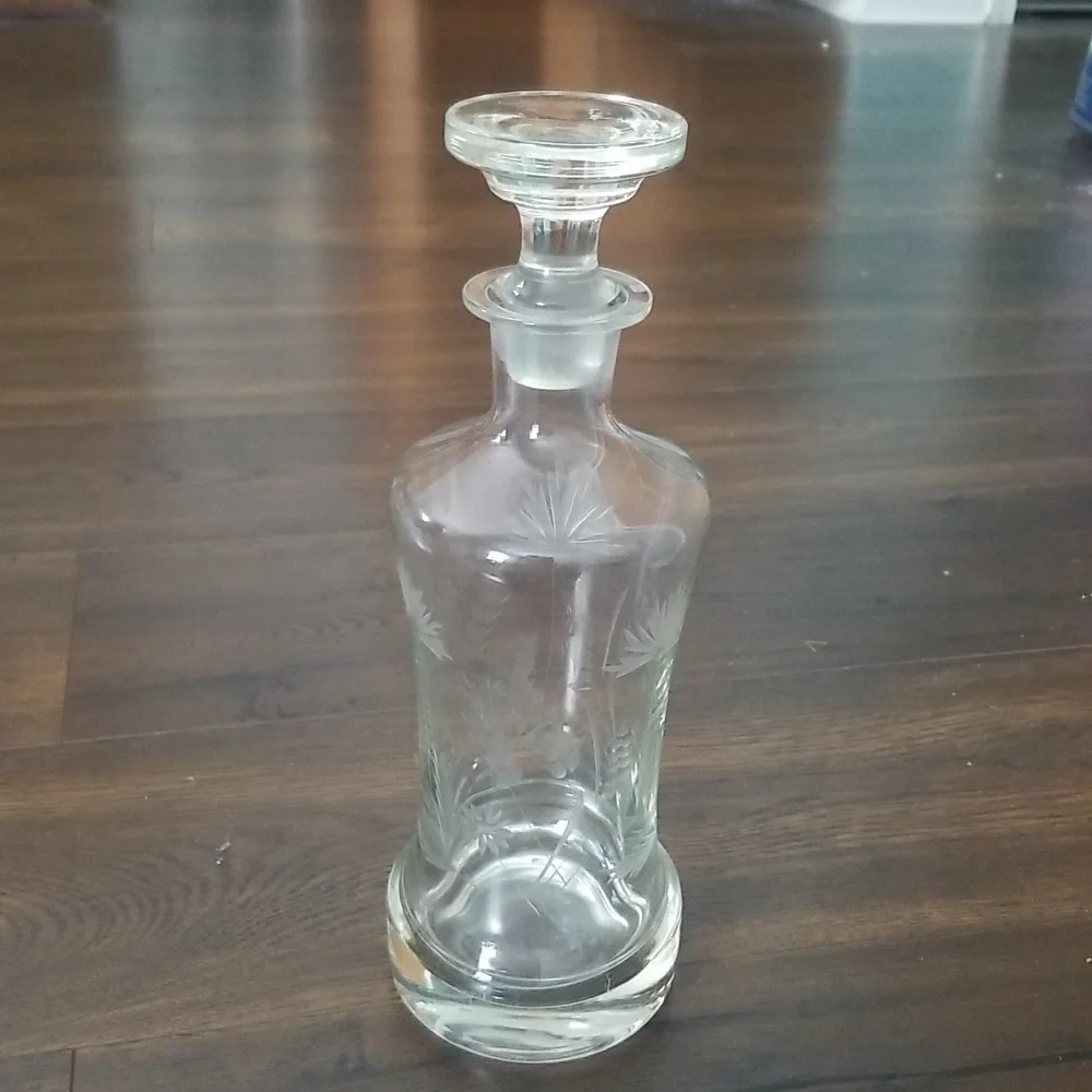 Vintage etched glass decanter with stopper